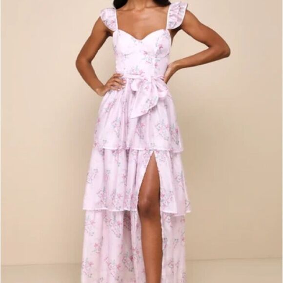 NWT-Lulus- Sweetest Emotion Lilac Floral Ruffled Tiered Bustier Midi Dress-small - Picture 2 of 16